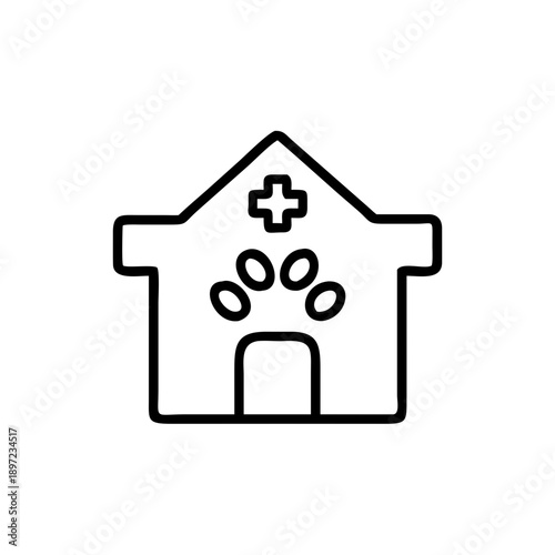 Outline of veterinary clinic building with paw print and cross  