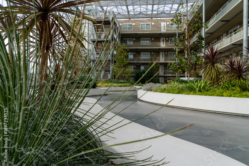 The planters in this courtyard garden of the Futura residential complex in Zoetermeer are filled with yuccas, palms, and grasses, among other plants