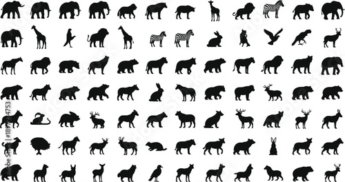 Wild animal silhouettes collection mammals birds reptiles safari wildlife icons isolated white background nature illustration set
