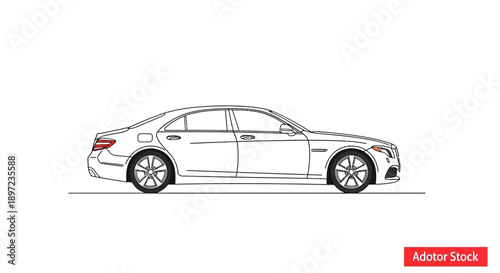 Line drawing of a white sedan car on a white background.