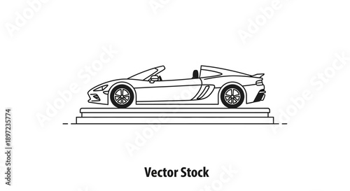 Black and white line art illustration of a sports car on a platform.