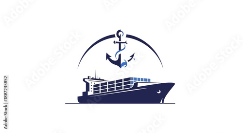 Navy Blue Cargo Ship with Anchor Logo Design.
