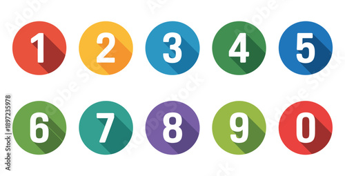 Number digits 0 to 9 on colorful circles with long shadow, vector icons for design and education.