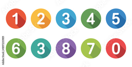 Number digits 0 to 9 on colorful circles with long shadow, vector icons for design and education.