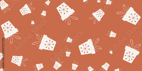 Seamless pattern of hand-drawn gift boxes with ribbons.