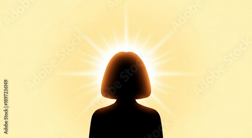 Woman Silhouette with Glowing Light behind Head on Yellow Background