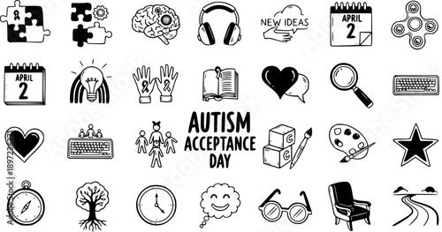 Autism Acceptance Day Hand-Drawn Black  White Line Art Icons Set for Neurodiversity Awareness  Education. Doodle Symbols  Elements Vector.
