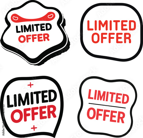 Limited offer sticker icon, playful rounded shape, bold black outline, flat monochrome design, transparent background
