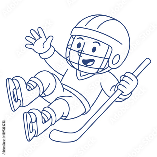 Blue outline vector illustration of a smiling ice hockey player sliding and raising one hand in celebration, expressing joy and playful sports energy.
