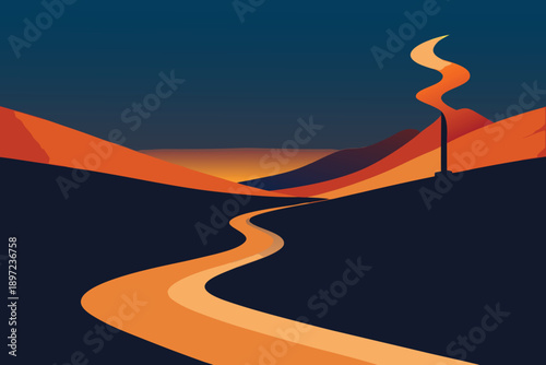 Winding mountain road under the sun on the way to the horizon