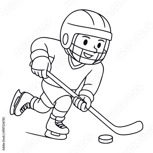 Outline vector illustration of an ice hockey player skating in a forward stride while handling the puck, emphasizing speed and movement.