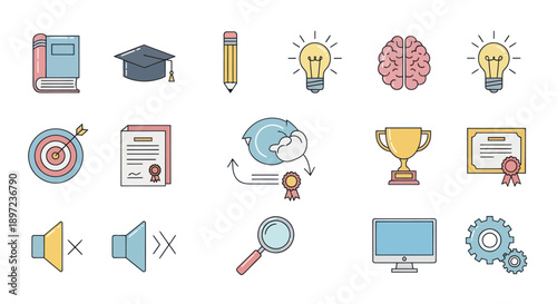 Education and Learning Icons: Book, Graduation Cap, Brain, Lightbulb, Trophy, Certificate, Computer
