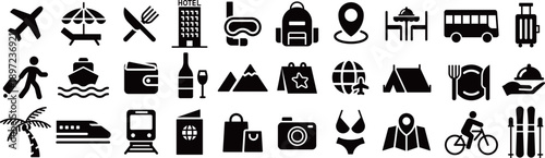 ベクターでモノクロの観光に関するアイコンセット

