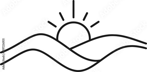 A serene landscape illustration of waves and sun rising over the horizon viewed from a distance with gentle curves and simple lines