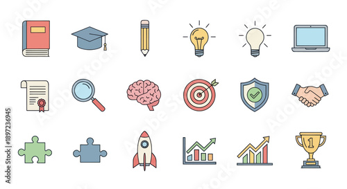 Education and Business Icons: Book, Graduation Cap, Lightbulb, Laptop, Brain, Rocket, Trophy