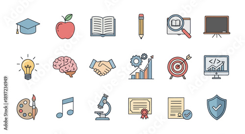 Education Icons Set: Graduation Cap, Book, Apple, Lightbulb, Brain, Microscope, Certificate