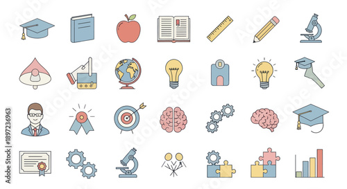 Education and Learning Icons Set: Graduation Cap, Book, Apple, Globe, Brain, Microscope