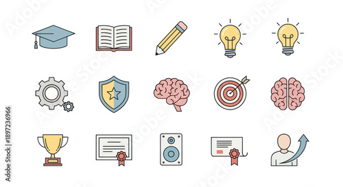 Education and Success Icons Set: Graduation Cap, Book, Brain, Target, Lightbulb, Trophy, Certificate