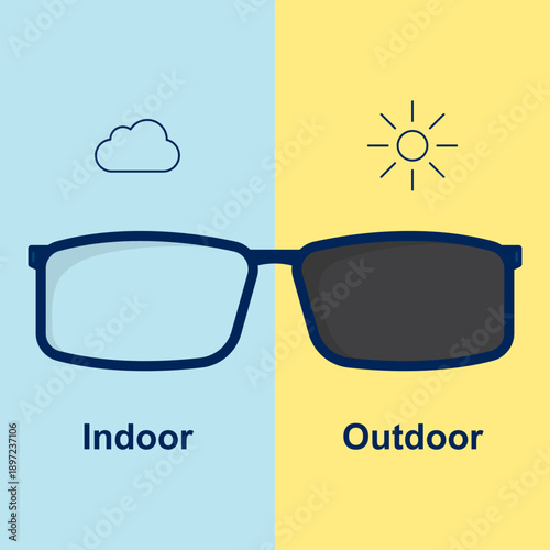 Vector Illustration of Photochromic Lenses: Light-Adaptive Transition Glasses Comparison for Indoor and Outdoor Eye Protection