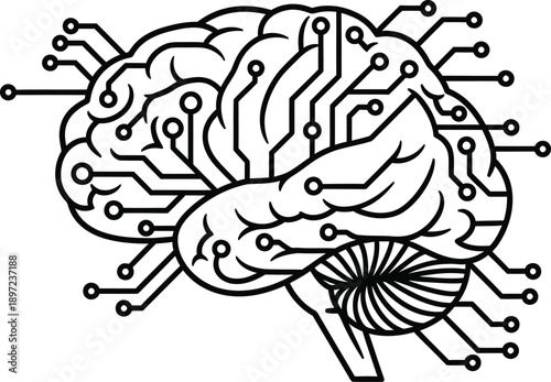 Black and white human brain icon with digital circuit board lines isolated on white background