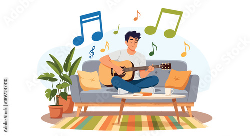 Modern vector illustration of young man playing acoustic guitar, expressing creativity, musical passion, relaxation, and personal hobby lifestyle through artistic self-expression
