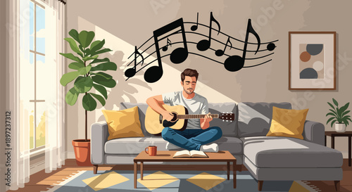 Modern vector illustration of young man playing acoustic guitar, expressing creativity, musical passion, relaxation, and personal hobby lifestyle through artistic self-expression