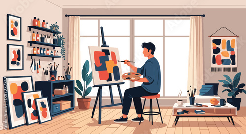 Flat vector illustration of man painting on canvas, showing creativity, imagination, artistic skills, personal hobby development, and visual self-expression lifestyle