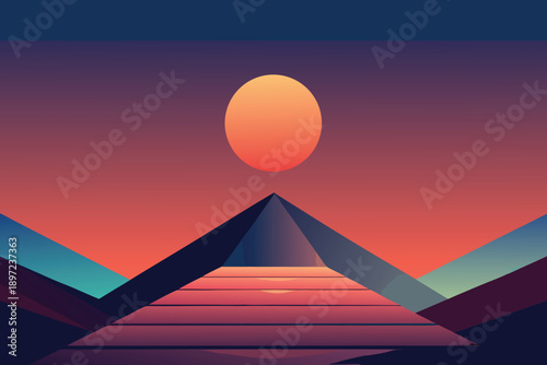Abstract desert sunset with Egyptian pyramids under a golden sky vector illustration
