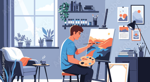 Flat vector illustration of man painting on canvas, showing creativity, imagination, artistic skills, personal hobby development, and visual self-expression lifestyle