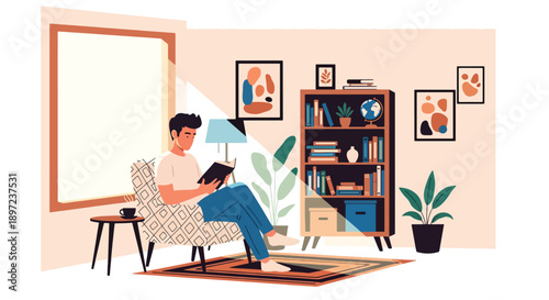 Modern vector illustration of man reading book, representing learning habits, intellectual development, relaxation, self-improvement, and knowledge-based hobby lifestyle