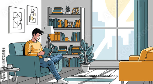 Modern vector illustration of man reading book, representing learning habits, intellectual development, relaxation, self-improvement, and knowledge-based hobby lifestyle