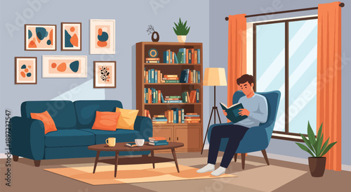 Modern vector illustration of man reading book, representing learning habits, intellectual development, relaxation, self-improvement, and knowledge-based hobby lifestyle