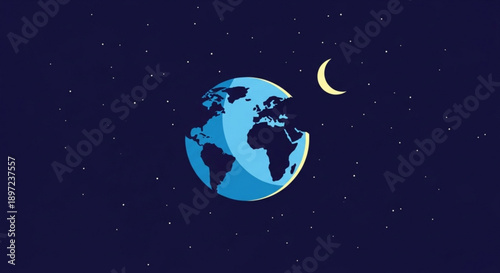 Blue Earth Globe with Crescent Moon in Dark Space at Night