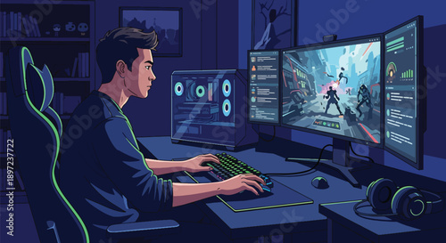 Flat vector illustration of man playing video games, representing digital entertainment, competitive spirit, technical skills, relaxation, and modern gaming hobby lifestyle
