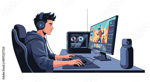 Flat vector illustration of man playing video games, representing digital entertainment, competitive spirit, technical skills, relaxation, and modern gaming hobby lifestyle