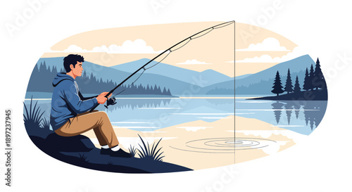 Flat vector illustration of man fishing, expressing patience, outdoor leisure, stress relief, connection with nature, and peaceful recreational hobby lifestyle