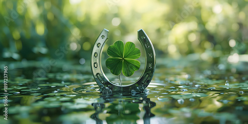 Silver horseshoe framing four leaf clover stands in nature water background conveys good luck charm with green copy space for mystical Saint Patrick day concept