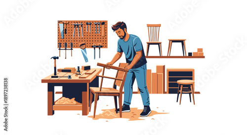 Modern vector illustration of man building wooden furniture, highlighting craftsmanship, creativity, manual skills, patience, and traditional hobby lifestyle