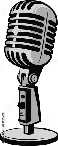 Classic retro studio microphone illustration, vintage audio recording equipment isolated on white background, broadcast music podcast technology design concept