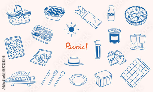 Picnic icons elements hand drawn sketch illustration vector collection set