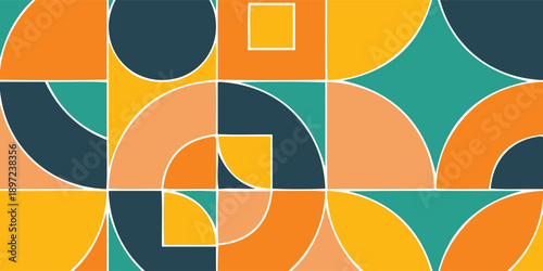 Geometric Abstract Pattern with Circles and Squares in Warm Colors.