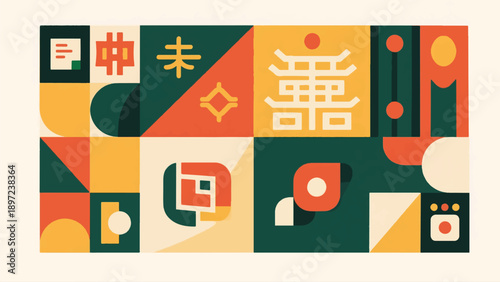 Abstract Composition Illustration Of Traditional Cultural Symbols Combined With Modern Digital Icons Vector Design Template