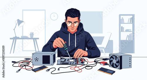 Flat vector illustration of man assembling computer parts, highlighting technical knowledge, problem solving skills, hardware passion, and DIY technology hobby lifestyle