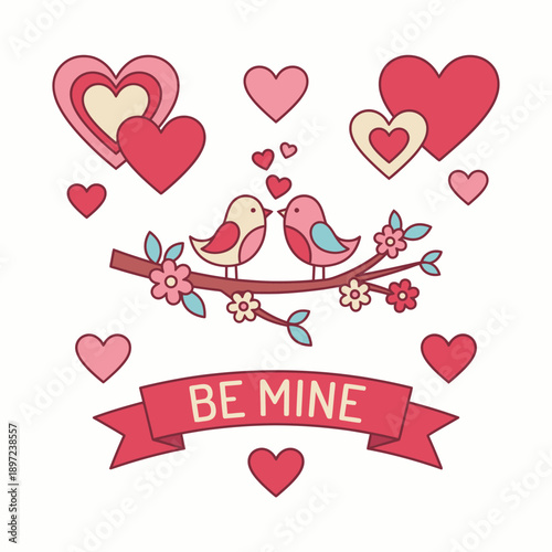 Cute illustration of two lovebirds on a branch, adorned with hearts, flowers, and a 'BE MINE' banner, symbolizing affection and celebration of love