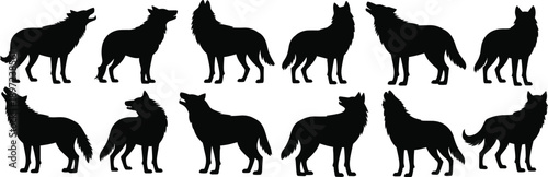 Collection of black wolf silhouettes howling with heads tilted upwards against a white background showcasing diverse poses and stances