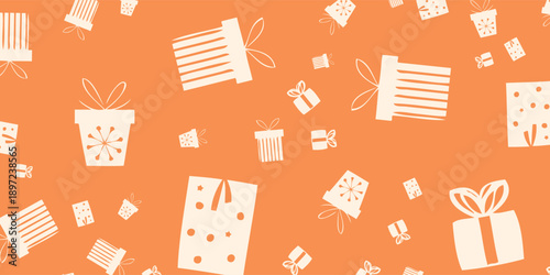 Seamless Pattern of Hand-Drawn Gift Boxes on Orange Background.