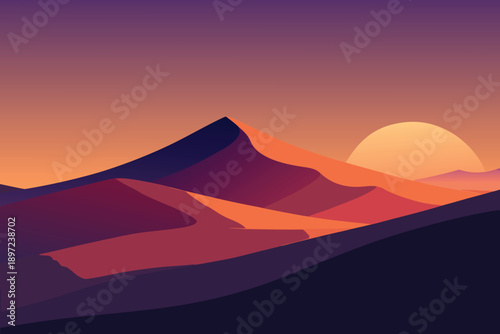 Sunset over Egyptian desert dunes with pyramids and distant mountains in a warm orange sky vector illustration