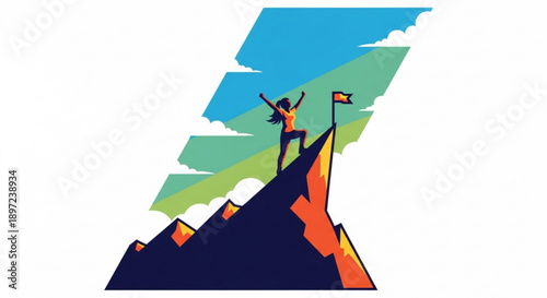 Triumphant Hiker Reaching Mountain Peak with Arms Raised, Vector Illustration