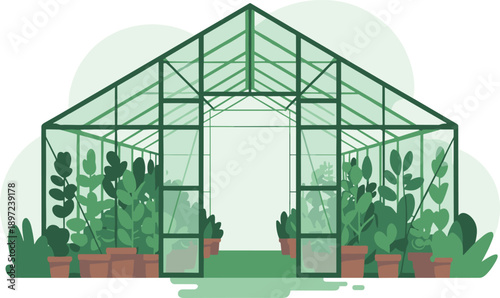 Glass greenhouse with lush indoor plants illustration, modern botanical garden structure isolated on clean background, sustainable eco farming concept
