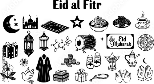 Eid al-Fitr and Ramadan Black  White Line Art Glyph Icons Collection for Islamic Holiday Celebrations, Muslim Culture, and Religion.